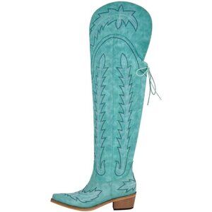 Women Turquoise Polyurethane Over the Knee Adjustable Thigh High Cowgirl Boot